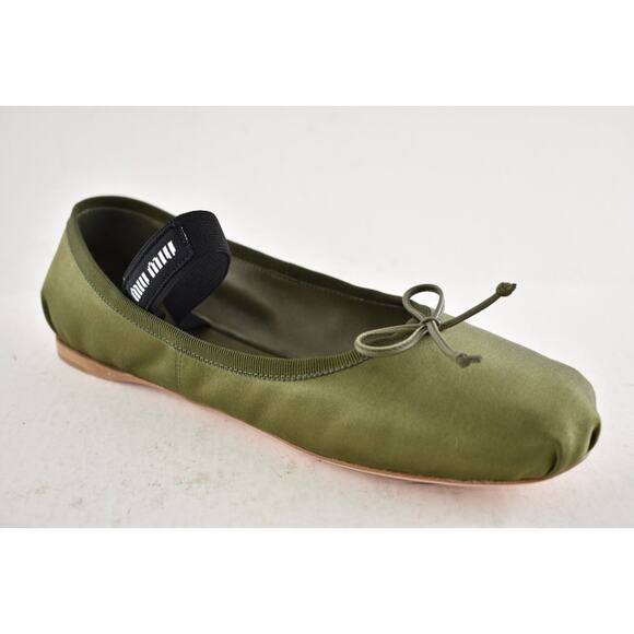 Miu Miu Satin Oliva Green Black White Logo Strap Ballet Ballerina Flats 39.5 - Picture 6 of 16